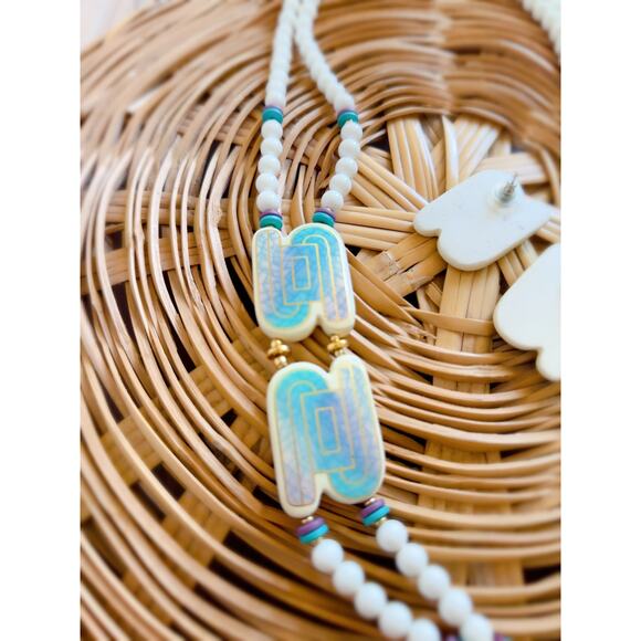 Vintage 80s Necklace/Earring Set Ceramic White Turquoise Happy Fun Accessories - Picture 5 of 9